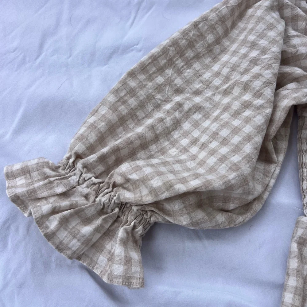 Mable Babydoll Beige Plaid Smocked Dress with Puff Sleeves Cottagecore Medium - Picture 3 of 4